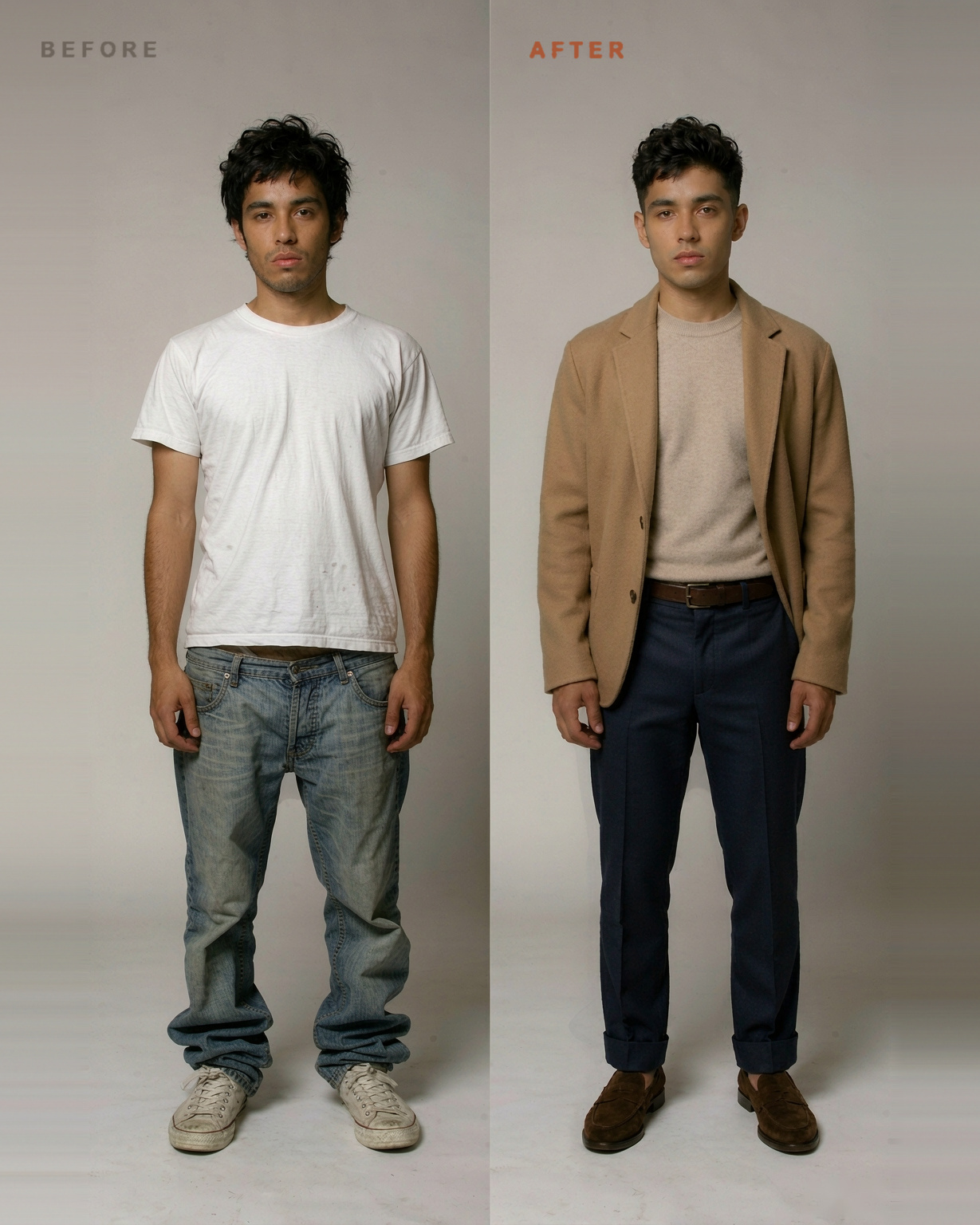 Before and after a style consult: the same man in a plain white tee, loose washed jeans and canvas sneakers, then in a camel wool blazer, oatmeal roll-neck knit, tailored navy trousers and brown suede loafers
