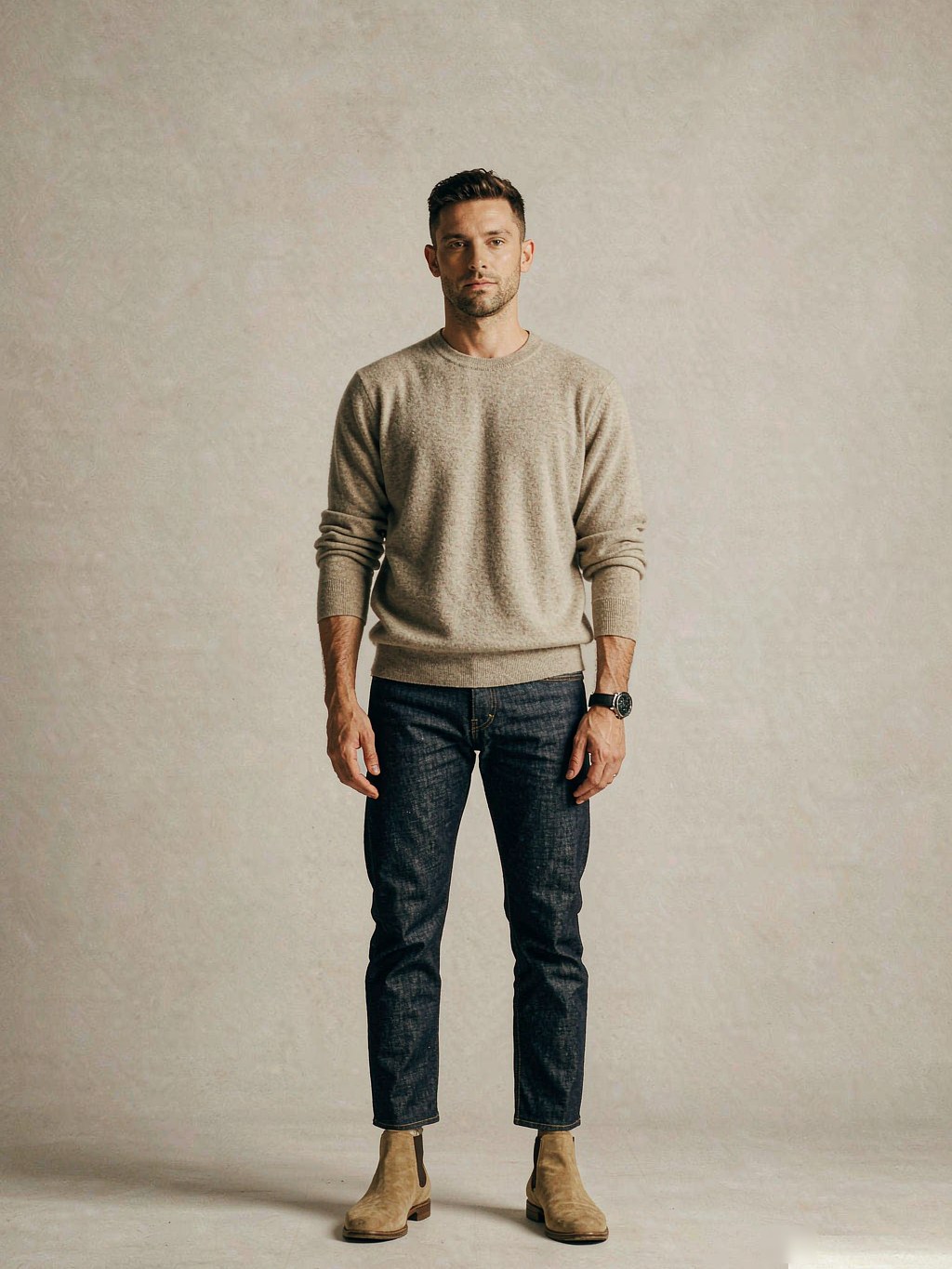 Full body, front view: mid-weight oatmeal crewneck sweater, dark indigo straight-leg jeans and tan suede chelsea boots